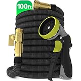 Nifty Grower 100ft Garden Hose - All New Expandable Water Hose with Double Latex Core, 3/4" Solid Brass Fittings, Extra Strength Fabric - Flexible Expanding Hose with Metal 8 Function Spray Nozzle
