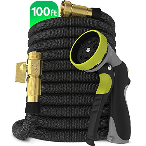 Nifty Grower 100ft Garden Hose - All New Expandable Water Hose with Double Latex Core, 3/4" Solid Brass Fittings, Extra Strength Fabric - Flexible Expanding Hose with Metal 8 Function Spray Nozzle