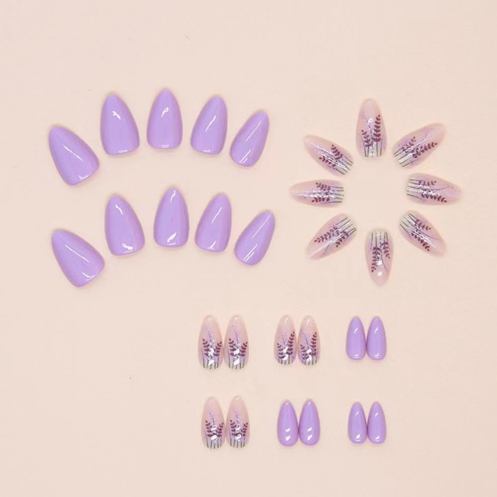 Purple Press on Nails Medium Almond Fake Nails Lavender False Nails with Design Flower Glue on Nails Glossy Full Cover Reusable Artificial Acrylic Stick on Nails For Women Girls Manicure 24PCS - Image 5