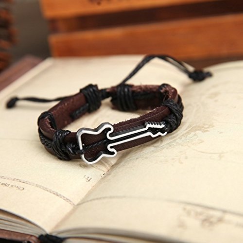 Yunko Hand-made Braided Genuine Leather Bracelet Resizable Valentine's day father's day mother's day Birthday gift Guitar Brown