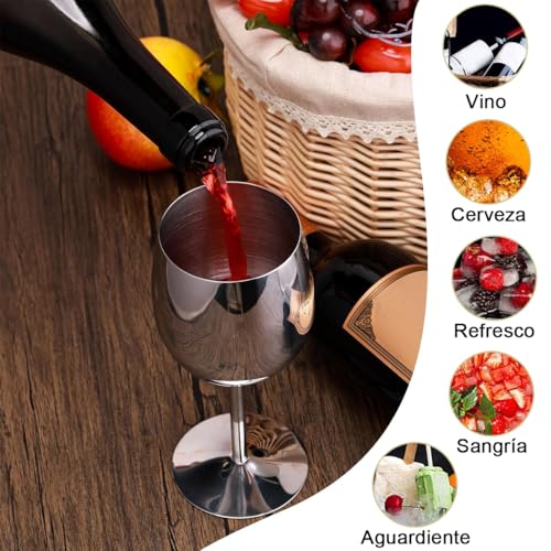 Copas de Vino Acero Inoxidable con Tallo 500ml 2 Pieza, Taza Cobre de Vino Tinto Cóctel Inastillable Fácil de Limpiar, Copas Irrompible para Aniversarios Navidad Fiesta Piscina Boda, Alto 21cm (Plata)