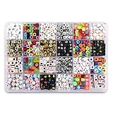 Phogary Children Alphabet Beads Set(800pcs), DIY Bracelets Necklaces Letter Beads A-Z Beads in Shapes of Round, Heart, Square for Jewellery Making Bead Necklace Bracelet Making Kit Gift Kit for Girls