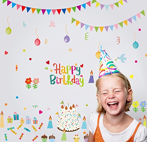 TOTOMO #W140 Happy Birthday Wall Decals Removable Wall Decor Decorative Painting Supplies & Wall Treatments Stickers for Girls Kids Living Room Bedroom