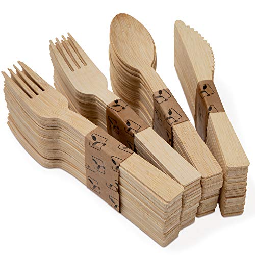 Disposable Bamboo Utensils, Pack of 100 Durable Picnic Utensils Set Disposable Bamboo