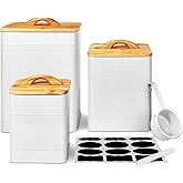 vensovo Kitchen Canisters Set of 3 – White Airtight Metal Food Storage Jars with Bamboo Lids – Farmhouse Flour, Sugar, Coffee Canisters for Kitchen Countertop & Pantry