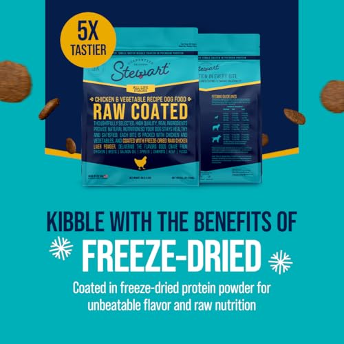STEWART RAW COATED DOG FOOD, CHICKEN & VEGETABLE RECIPE, 10 POUND BAG, FREEZE DRIED CHICKEN LIVER POWDER COATING