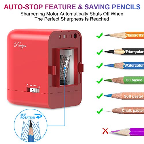RUIYA Electric Pencil Sharpener, Heavy Duty Helical Blade Pencil Sharpener, Super Fast, Safety Design, Auto-Stop, Ultra Portable, AC Adapter or Battery Operated for Classroom/Home/Office and More ...