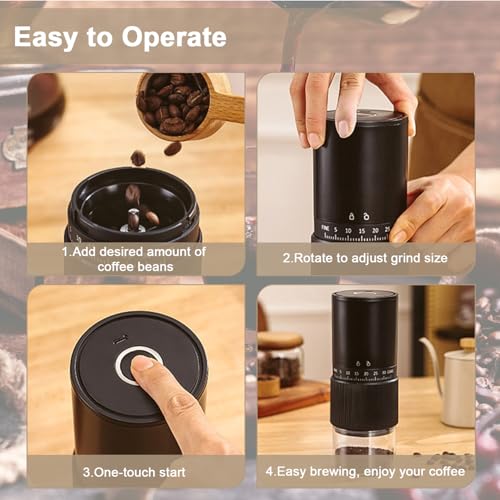 Electric Coffee Grinder Automatic Coffee Bean Grinder Rechargeable Mini Spice Mill with 35 Adjustable Grind Settings & Cleaning Brush for Espresso French Press Home Office Travel Camping