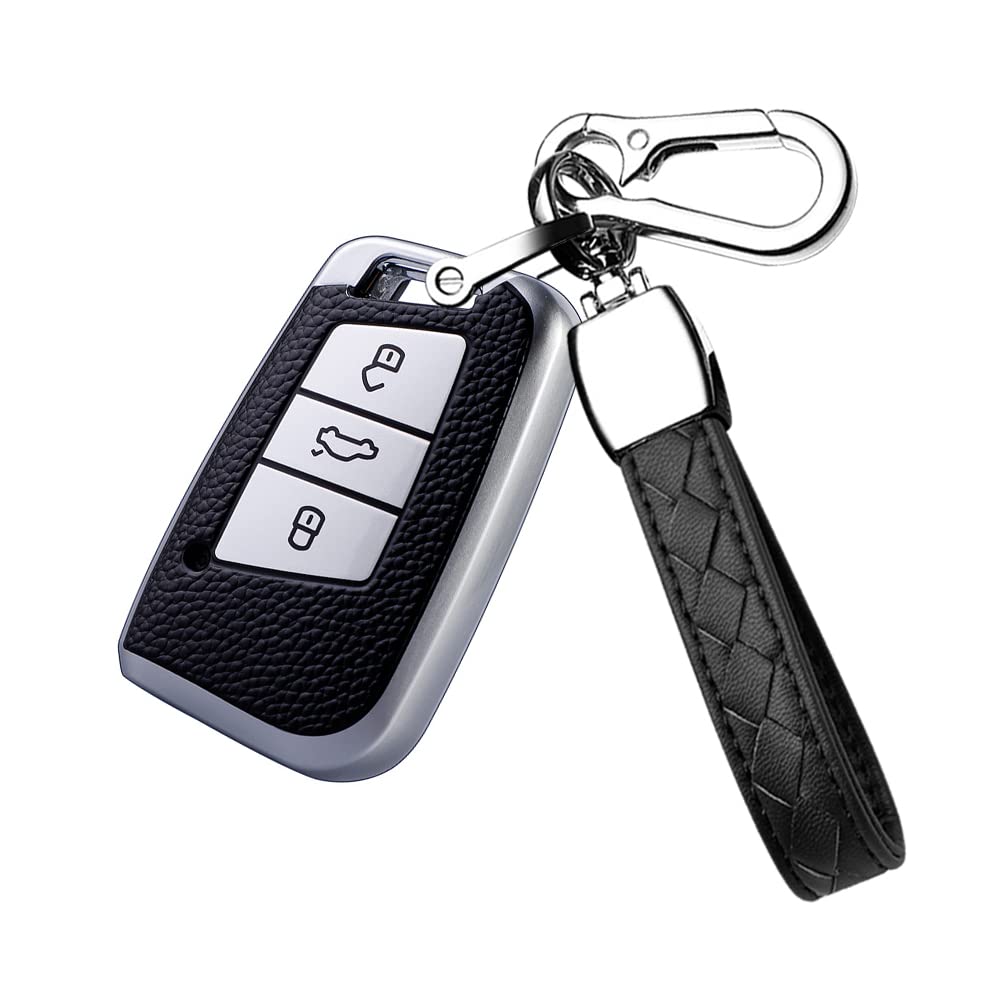 HIBEYO Smart Car Key Case Fits VW Key Cover Protective Case for Golf 7 Polo Passat T-Rock Skoda Seat 3 Buttons Remote Control Accessories Key Fob 3 Buttons TPU Leather Texture Silver