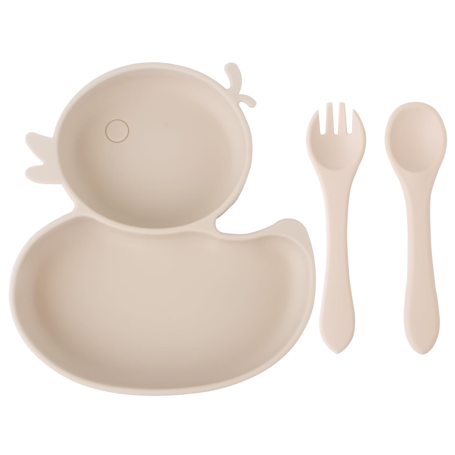 Qshare Baby Suction Plate With Spoon and Fork - Non-Slip Self Feeding Training Divided Weaning Plate for Toddler (Beige)
