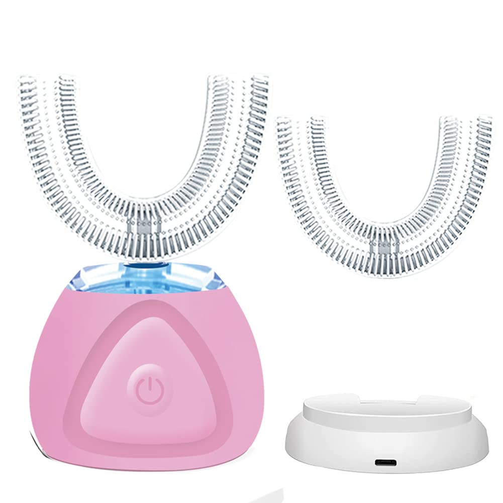 Ultrasonic Toothbrush, U-Shaped 360° Automatic Toothbrush, IPX7 Waterproof Toothbrush Electric Teeth whitening Brush Sonic Toothbrush with Wireless Charging and Replacement Heads (Pink)