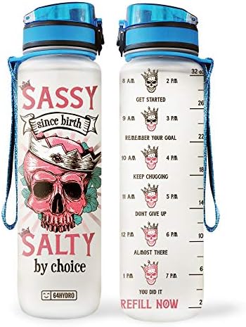 64HYDRO 32oz 1Liter Motivational Water Bottle with Time Marker, Skull ...