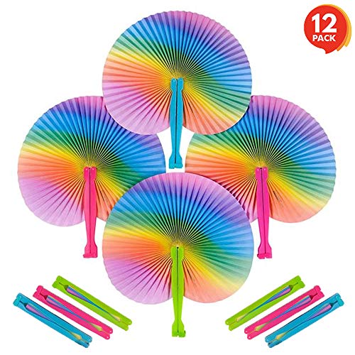ArtCreativity Rainbow Folding Fans Set (Pack of 12) | With Plastic Shafts | Cool Summer Contraption | Handheld Paper Fan | Hot New Party Favor and Prize | Fun Novelties and Gifts for Kids Ages 3+