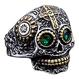 INRENG Men's Stainless Steel Silver Gold Gothic Cross Skull Ring Green Eye Vintage Flower Carved Halloween Size 9
