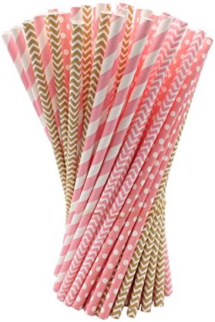 Haberi 100 Pcs Biodegradable Paper Straws for Birthdays, Weddings, Baby Showers, Celebrations and Parties, Gold and Pink Pattern