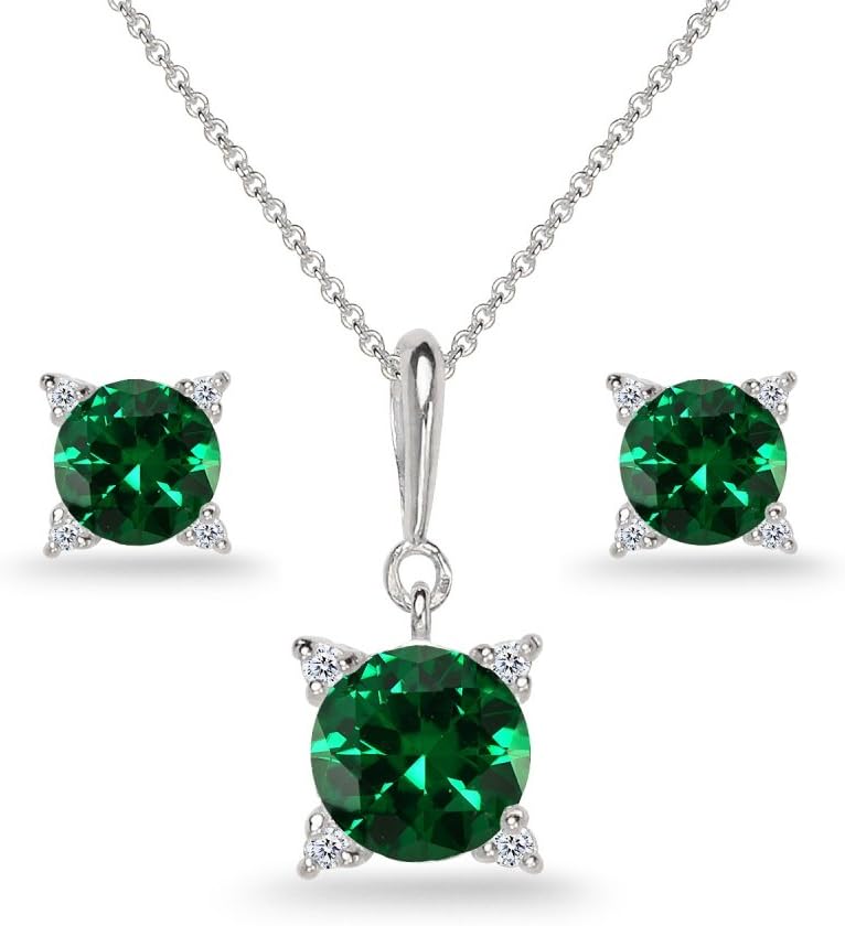 B. BRILLIANT Sterling Silver Genuine or Synthetic Gemstone Studded Solitaire Necklace & Stud Earrings Set