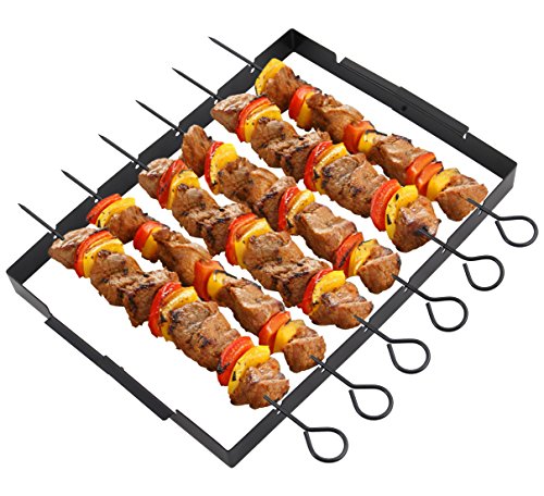 POLIGO Heavy Duty Barbecue Skewer Shish Kabob Set, 14” Stainless Steel Shish Kabob Skewers and Foldable Grill Rack - Great for Charcoal, Electric or Gas Grill (Set of 6 Skewers + Grill Rack) - Thumbnail 4