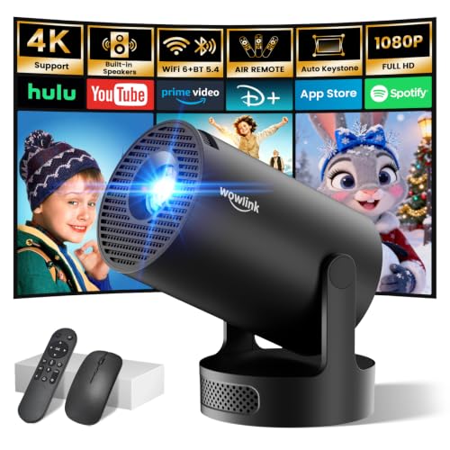 Wowlink Mini Beamer 4K Unterstützt Smart Projektor‌ mit WiFi 6 BT5.4 integrierten Apps Auto Horizontaler Trapezkorrektur, Stereo Lautsprecher mit Smart Air-Mous