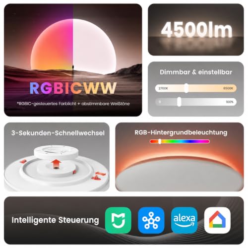Yeelight Smart Ceiling Light 50 cm, 4500 LM 50 W Dimmable LED Ceiling Light with Separate RGB Light, Quick Assembly, 16 m DIY Colours, 2700 K - 6500 K, Compatible with Alexa & Google, App/Remote