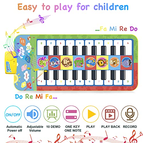 Kavaikid Piano Mat for Kids, Musical Keyboard Dance Blanket Mat, 8 Musical Instruments 5 Play Modes, Animal Theme Educational Toy for Birthday and Christmas(44.1x19.7in)