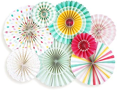 Party Planning Decoration Supplies, Assorted Set of 8 Circular Paper Fans, Hanging Holiday Ornaments, Christmas Tree, Easter, Multicolor, Pre-Folded, Easy Assembly, Birthday