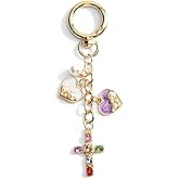 Bling Cross Keychain with Pearl Heart Keycharm for Women Crystal Rhinestone Religious Jewelry Accessory for Keys Phone