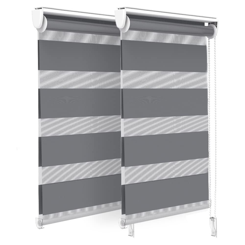VOUNOT® Set of 2 Day and Night Blinds No Drill, Zebra Roller Blinds for Windows, Double Layer Translucent and Blackout Fabric, Easy Installation Window Shades, Grey, 45 x 150 cm