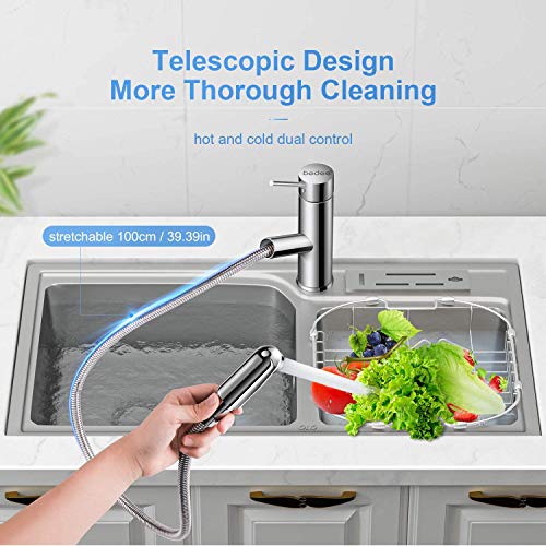 bedee Chrom Wasserhahn Küche Armatur Spültischarmatur mit Herausziehbarer Schlauchbrause, Wasserfall Einhebelmischer Kaltes und Heißes Wasser Vorhanden für Badezimmer/Küchenhahn Waschtischarmatur