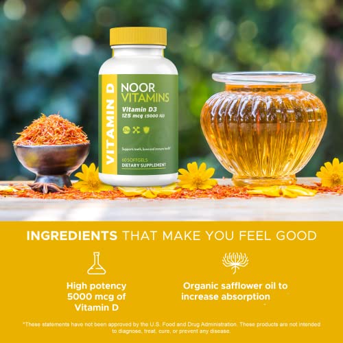 Noor Vitamins Halal Vitamin D, Halal Vitamin D3, 5000 IU Softgels