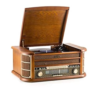 Shuman Retro houten 7-in-1 draadloze verbinding Music Center met afstandsbediening, 3-snelheden platenspeler vinyl…