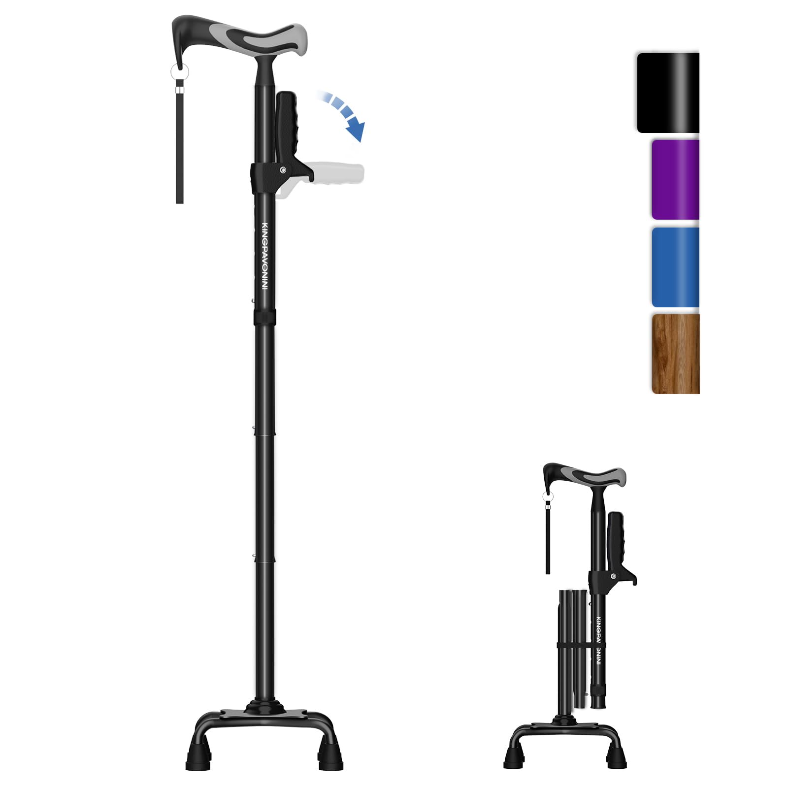 Photo 1 of KingPavonini Walking Cane for Women/Men with Second Handle, Foldable & Adjustable Quad Cane with 4-Pronged Base for Standing, Lightweight Walking Aid for Seniors & Adults