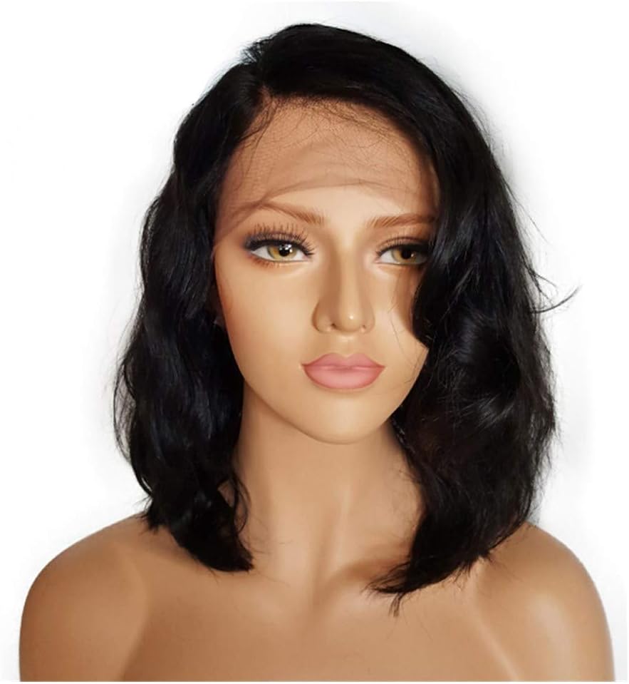 Natural Black Curly Wigs for Women, 14inch Human Hair Wigs High Density Wavy Short Wig Synthetic Heat Resistant Hair Wig Asian Women Wigs, Ship from USA-Cnebo !