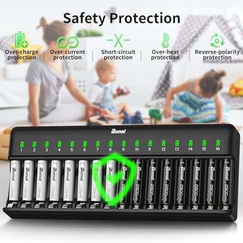 BONAI 16 Slots Battery Charger, Battery Charger for AA and AAA Ni-MH Rechargeable Batteries with Smart and Independent Charging, LED Indicator, Batteries Not Included - Black