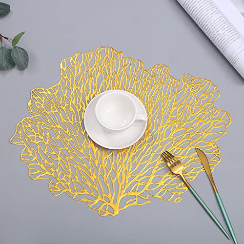 Hosoncovy 4 Pack Decorative Coral Leaf Placemats PVC Placemats Hollow Dining Table Place Mats Heat Resistant Non-slip Dining Placemats Table Mats for Home Kitchen (Gold)