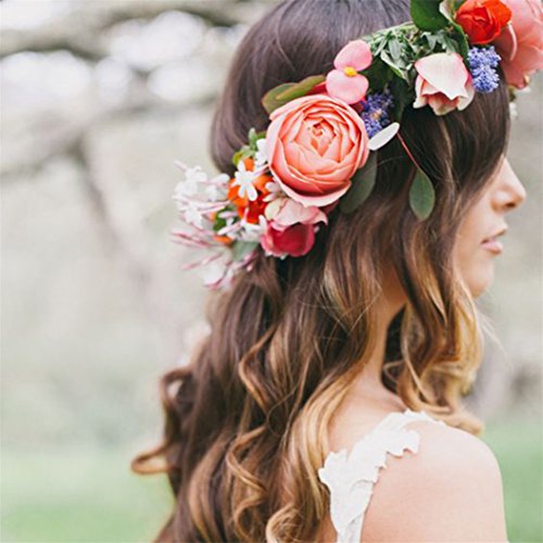 Catnew Ladies Boho Floral Garland Headband Bride Wedding Hair Wreaths -Rose Red