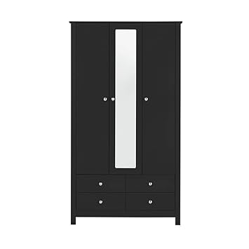 P N Homewares Hailey Triple Wardrobe With Mirror In Black With