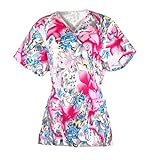 G Med Women's Printed Mock Wrap V Neck Back Tie 2 Pockets Scrub Top