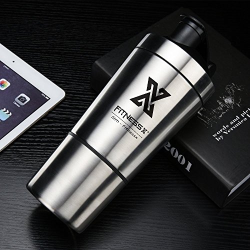 X SIM FITNESSX 700ml+200ml Eiweiss Protein Shaker mit Pulverfach Edelstahl Shaker Eiweiß Becher mit Siebeinsatz für… – Bild 3