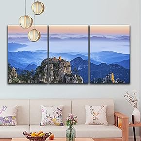 3 Panel Canvas Wall Art - Monkey-Like Giant Boulder Overlooking The Mountains in Yellow Mountain,China - Giclee Print Gallery Wrap Modern Home Art Ready to Hang - 16"x24" x 3 Panels