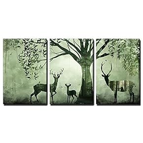 Green Shade Forest Deer - 3 Panel Canvas Art