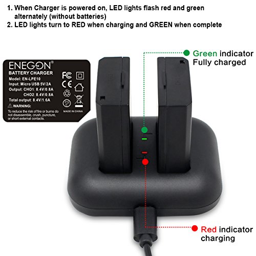 LP-E10 ENEGON Replacement Battery (2-Pack) and Rapid Dual Charger for Canon LP-E10 and Canon EOS Rebel T3, T5, T6, Kiss X50, Kiss X70, EOS 1100D, EOS 1200D, EOS 1300D...(100% Compatible with Original)