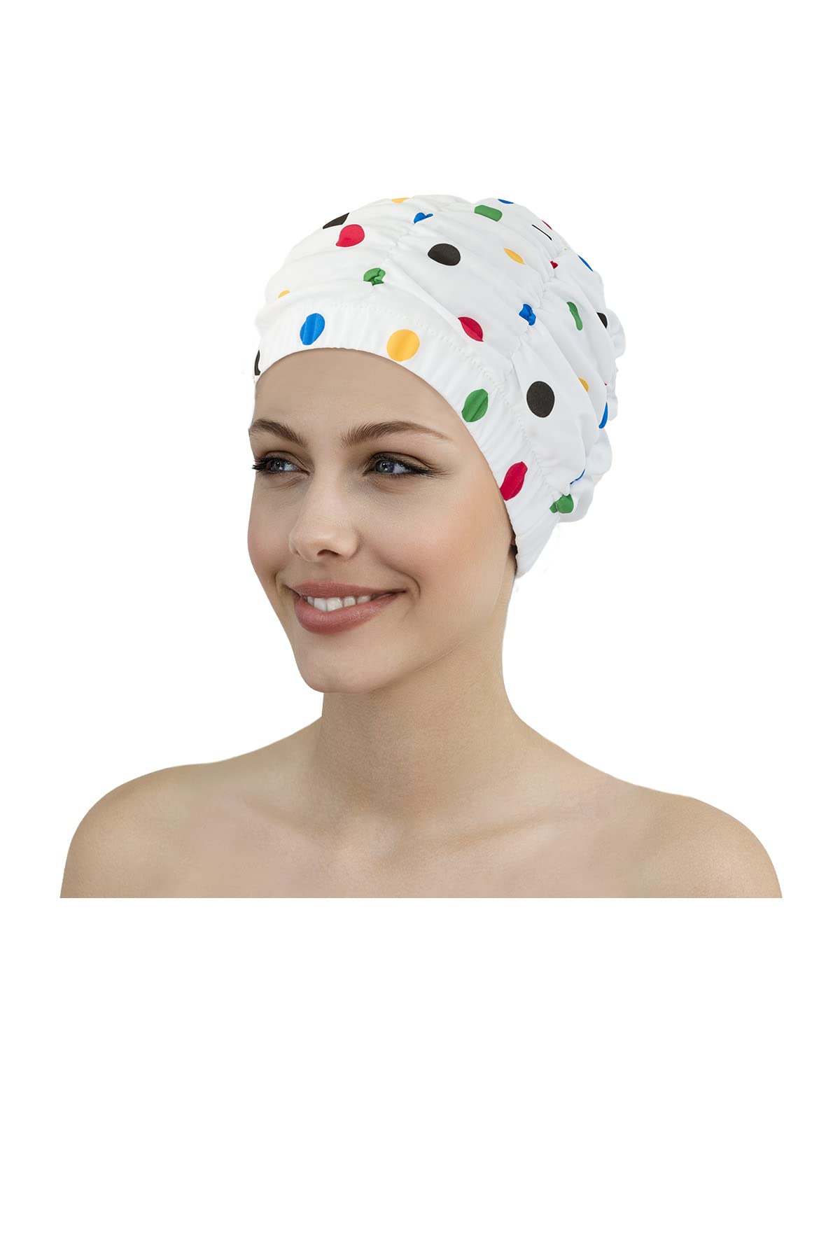 fashy Women's Shower Cap, Womens, Duschhaube, weiß mit bunten punkten