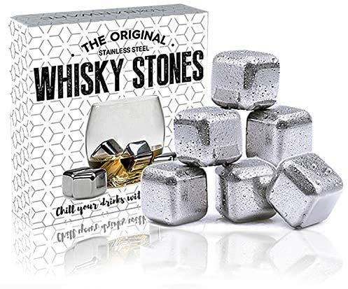 FLOW Barware Metal Ice Cubes | 6 x Steel Whiskey Stones | Reusable Cooling Stone for Whisky, Wine & Spirits | Metal Whiskey Stones with Quick Freeze Gel