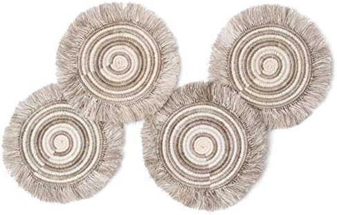 All Across Africa Set of 4 Super Abosortant Drink Coasters with Stylish Fringe Trim Hostess or Housewarming Present that Gives Back Made by Artisans in Africa - Taupe