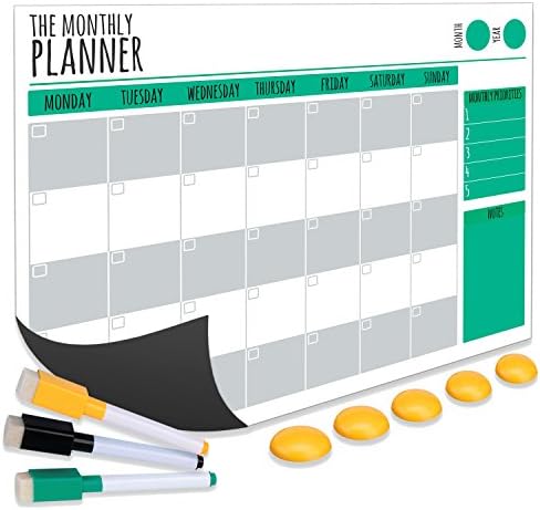 WriteMe Magnetic Dry Erase Monthly Calendar for Refrigerator, Planned and Organized Life. Ideal White Board Calendar Kitchen Planner Board, Includes 3 Markers and 5 Magnetic Buttons 17x12