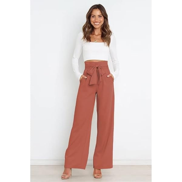 YAZINIE WOMENS HIGH WAIST WIDE LEG PANTS ELASTIC WAISTBAND BELLY CONTROL OFFICE PANTS WITH POCKETS FOR WORK CASUAL RUST RED