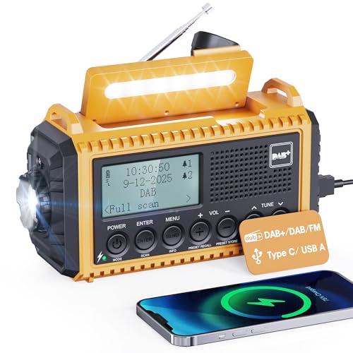 Kurbelradio DAB/UKW mit Akku 5000mAh, Tragbare Solar Radio mit LED-Taschenlampe & Leselicht, DAB+ Baustellenradio IPX4, Notfall Radio und SOS-Alarm Ge