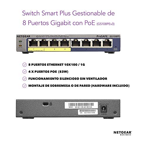 Netgear-GS108PE-300EUS-Smart-switch-gestionable-8-puertos-Gigabit-PoE-alimentacion-a-traves-de-Ethernet-de-4-puertos-y-53-W