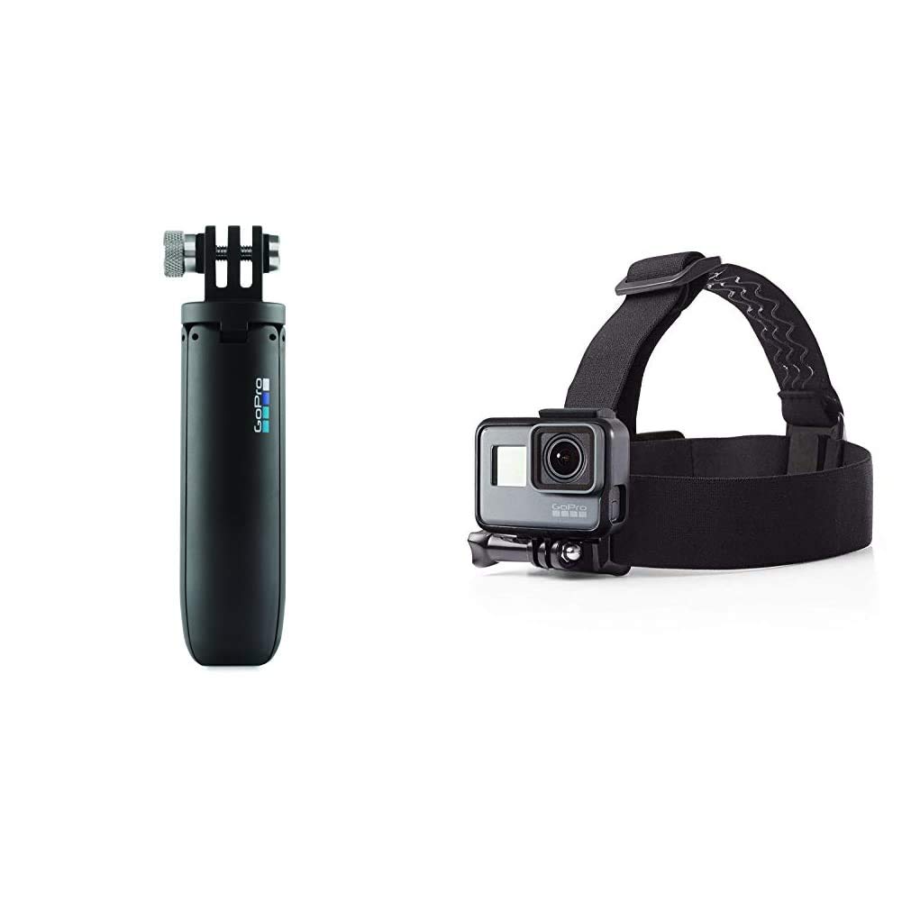 GoPro Shorty Mini Extension Pole with Tripod - Black (Official GoPro Accessory) & Amazon Basics Head Strap Camera Mount for GoPro