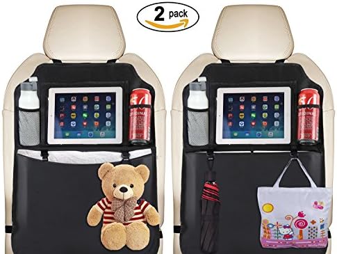 Kick Mats Back Seat Protectors with Clear 10" Ipad Holder + 3 Storage Pockets Backseat Organizer (2 Pack) Car Seat Protector Waterproof Kick Guards To Protect Your Seats From Damage